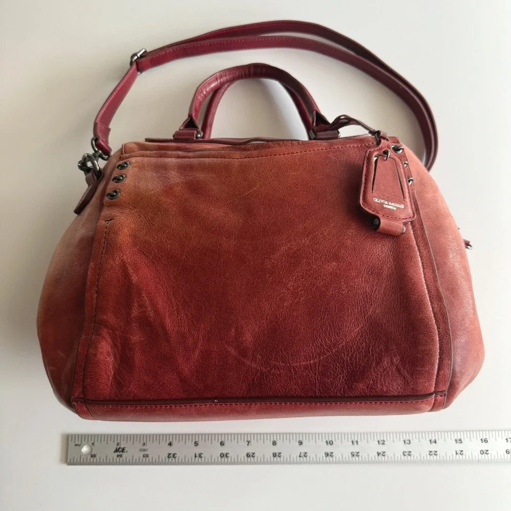 Olivia Harris Double Top Satchel Distressed Red Leather Shoulder Bag Purse - Picture 14 of 14